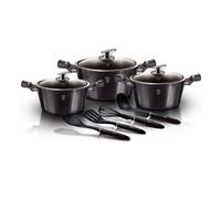 Berlinger Haus Carbon Pro Batería Cocina Inducción 10 Piezas, Antiadherente Mármol sin PFOA, Aluminio, Set 3 Cazuelas 3 Tapas Cristal, 4 Utensilios de Cocina, Diseño Metallic Line, Vitrocerámica
