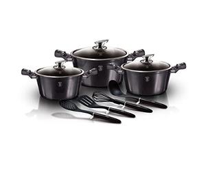 Berlinger Haus Carbon Pro Batería Cocina Inducción 10 Piezas, Antiadherente Mármol sin PFOA, Aluminio, Set 3 Cazuelas 3 Tapas Cristal, 4 Utensilios de Cocina, Diseño Metallic Line, Vitrocerámica