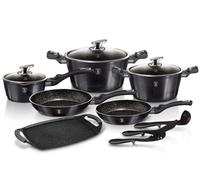 Berlinger Haus Carbon Pro Batería Cocina Inducción, Antiadherente Mármol sin PFOA, Aluminio, Set 2 Cazuelas 3 Tapas Cristal, Cazo, Plancha, 2 Sartenes, 3 Utensilios, Gris Oscuro Metalizado (BH-6911)