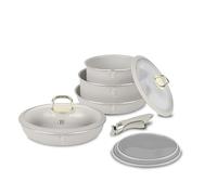 Berlinger Haus Juego de Cocina 9 Piezas - Aluminio Antiadherente, Apto para Inducción, Ahorro de Espacio, Incluye Tapas Inteligentes y Mango Desmontable - Colección Sahara