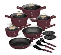 Berlinger Haus Leonardo Collection - Batería de cocina de 15 piezas para inducción, revestimiento antiadherente TitanPro, aluminio forjado, color burdeos mate, sin PFOA, con tapa y posavasos de