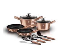 Berlinger Haus Rose Gold Batería Cocina Inducción 10 Piezas, Antiadherente Mármol sin PFOA, Aluminio, 2 Cazuelas 2 Tapas Cristal, 2 Sartenes, 4 Utensilios, Metallic Line Vitrocerámica Oro Rosa BH-6142