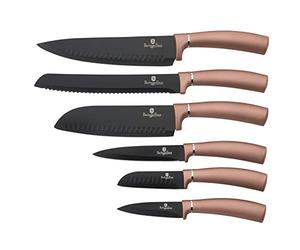Berlinger Haus Rose Gold Juego 6 Cuchillos Profesional, Hoja Acero Inoxidable, Recubrimiento Antiadherente, Cocinero, Cebollero, Pan, Santoku, Pelar, Mango Ergonómico, Diseño Metallic Line (BH-2543)