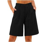 Bermudas Pantalones cortos para mujer, algodón y lino, ligeros, hasta la rodilla, de lino, pierna recta, pantalones de verano, muselina, pantalones holgados de tela monocolor, Negro , XXL