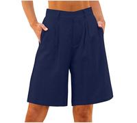 Bermudas Pantalones cortos para mujer, algodón y lino, ligeros, hasta la rodilla, de lino, pierna recta, pantalones de verano, muselina, pantalones holgados de tela monocolor, azul, XL