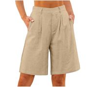 Bermudas Pantalones cortos para mujer, algodón y lino, ligeros, hasta la rodilla, de lino, pierna recta, pantalones de verano, muselina, pantalones holgados de tela monocolor, caqui, XXL