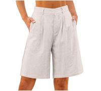Bermudas Pantalones cortos para mujer, algodón y lino, ligeros, hasta la rodilla, de lino, pierna recta, pantalones de verano, muselina, pantalones holgados de tela monocolor, Blanco, L