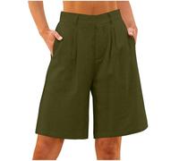 Bermudas Pantalones cortos para mujer, algodón y lino, ligeros, hasta la rodilla, de lino, pierna recta, pantalones de verano, muselina, pantalones holgados de tela monocolor, Verde militar., XL