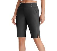 Bermudas para mujer, longitud hasta la rodilla, pantalones cortos elásticos de senderismo de cintura alta, pantalones de yoga medio recortados, elegantes, para oficina, negocios, con bolsillo, secado