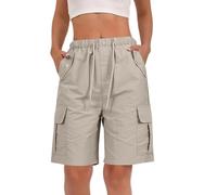 Bermudas tipo cargo para mujer, pantalones cortos holgados con múltiples bolsillos, cintura elástica con cordón de ajuste para verano, senderismo, trabajo, viajes, caqui, M