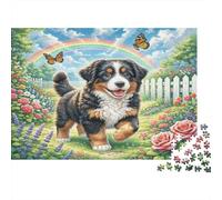 Bernese Mountain Dog Rompecabezas de Papel Grueso Perro Montañés Bernés con arcoíris y Rosas, Regalo Apto para Principiantes para niños 38x26cm/1000 Piezas