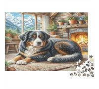 Bernese Mountain Dog Rompecabezas DIY de Papel Premium Perro Montañés Bernés Junto a Chimenea en cabaña acogedora, Alivio Decorativo del estrés 52x38cm/1000 Piezas