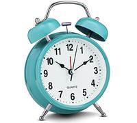 Bernhard Products Reloj despertador analógico de 4 pulgadas, doble campana, color azul, silencioso, sin tictac, funciona con pilas, extra fuerte con retroiluminación para mesita de noche, retro