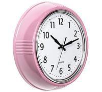 Bernhard Products Retro Wall Clock 9.5 Inch Pink Kitchen 50's Vintage Design Round Silent Non Ticking Battery Operated Quality Quartz for Home Office Baby Nursery Girls Room Classroom, Easy to Read