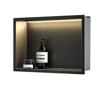 Bernkot - Ducha de pared de acero inoxidable con LED, estante de ducha empotrada, doble capa, nicho de baño, 60 cm x 30 cm, sin necesidad de baldosas, color negro