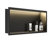 Bernkot Ducha empotrable de pared de acero inoxidable con tira de luz LED, 60 x 30 cm, impermeable, no requiere azulejos, almacenamiento de baño, nicho, negro mate