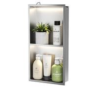Bernkot Nicho de Pared de Acero Inoxidable con LED, Empotrado, Estante de Ducha de Dos Capas, nicho de Pared para baño, nicho de Ducha, 60 cm x 30 cm, no Requiere Azulejos, Color Plateado