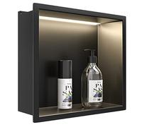 Bernkot Nicho de pared de acero inoxidable con tira de luz LED, 30 cm x 30 cm, resistente al agua, no requiere azulejos, almacenamiento de baño, nicho, fácil de instalar, negro mate