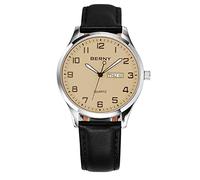 BERNY Reloj de pulsera con correa de cuero de cuarzo, con pantalla analógica estándar, reloj clásico y elegante para hombre, gris
