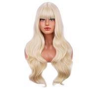 BERON Peluca rubia, larga, ondulada, rubia, con flequillo, pelucas rubias largas para cosplay, fiesta de disfraces, redecilla para el pelo incluida