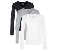 Berydale Camiseta de manga larga con cuello en pico de 100 % algodón, Mujeres, Negro / Blanco / Gris (paquete de 3), M