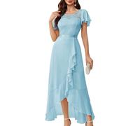 Berylove Vestido de noche largo y elegante para boda, vestido de cóctel, elegante, con mangas, cintura elástica, azul claro, L