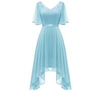 Berylove Vestidos de noche cortos elegantes para mujer, cuello en V, asimétrico, dobladillo oscilante, vestidos de cóctel, mangas abiertas, vestido de encaje, azul claro, XL