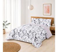 BESCH Colcha Boutis para Primavera y Verano con Diseño Hojas Gris + 2 Funda Cojin 50x70 cm - Cubrecama Ligera Fina Entretiempo Extra Suave y Transpirable (Cama 135, 220x260cm)