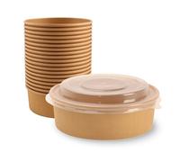 BESCH Tazón 500ml Desechable Pack de 300 Piezas con Tapa de PP para Ensaladas y Sopa - Envasado Redondo de Cartón Kraft Color Marrón