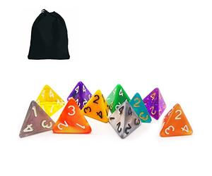 Bescon 10pcs Set of Polyhedral 4 Sided Dice Cube, 10 Count Assorted Random Multi Effected&Colored Pack of D4 in Drawstring Pouch