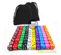 Bescon Multi-Colored 16MM Game Dice Pack of 100pcs 10 Assorted Black Velvet Bag