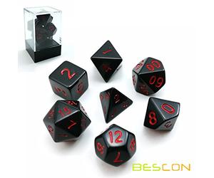 Bescon Polyhedral Dice Set Opaque Black with Red Numbers, Black RPG Dice Set of 7 d4 d6 d8 d10 d12 d20 d% Brick Box Pack