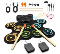BESFAN Juego de almohadillas de batería electrónica portátil para niños, 10 almohadillas enrollables para práctica de batería con pedales y palo, auriculares, instrumentos musicales para niños de 6 a