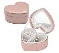 besharppin Joyero para niñas, organizador de joyas portátil en forma de corazón con espejo para aretes, anillos, collares (rosa champán)