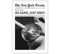 Beshdomp Póster vintage de periódico en blanco y negro con texto en inglés "No Panic Just Disco", arte para pared, revistas del New York Times, pintura para el hogar, dormitorio, decoración de pared,