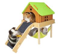 BESNEW Hamaca de cobayas 3 en 1 ampliada con casa y plataforma, escondite de cobayas de madera con hamaca y escaleras, juguetes de conejillo de indias para animales pequeños que ocultan actividades