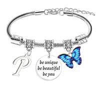 BESPMOSP Pulsera de mariposa con inicial del alfabeto, azul, regalos inspiradores para niñas y mujeres, Acero inoxidable