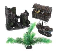 BESPORTBLE 4 Piezas Adornos para Acuario con Plantas Acuáticas Artificiales Castillo de Resina Naufragio y Cofre del Tesoro Decoración Realista para Peceras Refugio Oculto para Peces y