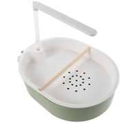 BESPORTBLE Baño para Pájaros de Interior con Bomba de Agua Ajustable, Ducha Doble Automática con Tubo Transparente de 20 Cm, Cuenco Azul Gris Verdoso y Barra de Pino para Loros, Periquitos