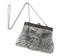 BESPORTBLE Bolso de Noche para Mujer Bordado de Cuentas y Lentejuelas Estilo Pavo Real Bolso Bandolera Vintage Hecho a Mano Plata para Bodas Fiestas y Banquetes