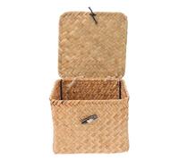 BESPORTBLE Cesta de almacenamiento tejida a mano con tapa, contenedor multiusos para el hogar y la oficina, estilo literario, paja trenzada, naranja, 14 x 10 cm
