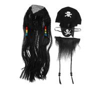 BESPORTBLE Disfraz De Pirata Para Cosplay Unisex, Peluca Trenzada Marrón, Bigote y Barba Postizos, De Negro, Set De 3 Piezas Para Halloween y Fiestas Temáticas
