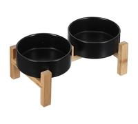 BESPORTBLE Soporte para Comederos Elevados con 2 Cuencos de Cerámica Desmontables de 13 Cm, Antideslizante, para Perros y Gatos Pequeños, Base de Bambú Alta para Comida y Agua en Mascotas