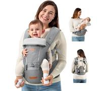 besrey Mochila Portabebes Ergonomica con Respaldo para Padres y Reposacabezas para Bebé + 2 Baberos de Algodón, Gris