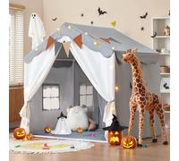 besrey Tienda de Campaña Infantil 2 en1 con Alfombra Acolchada, Luces y Banderas, Casita Infantil Tela de Juegos con 2 Puertas y 4 Ventanas, Cabañas para Niños (Gris)