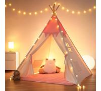besrey Tipi Infantil Indio para Niños Tienda de Campaña Infantil Canvas Tipi de algodón con Alfombra Acolchado y Luces de Hadas (Rosa y Blanco)