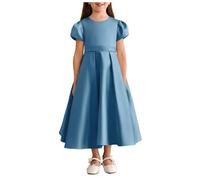 BessDress Vestido midi de satén para niña con lazo, acampanado, manga abombada, vestido formal de comunión para baile de graduación y boda, Acero azul., 10 años