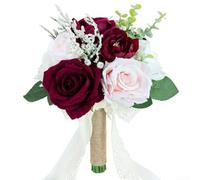 Besshepplo Ramo de rosas de seda, naranja quemado, terracota rosa-naranja, dalias para boda, novia, dama de honor, decoración de 11 pulgadas, 25 cm (rojo y rosa)