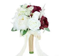 Besshepplo Ramo de rosas de seda, naranja quemado, terracota rosa-naranja, dalias para boda, novia, dama de honor, decoración de 11 pulgadas, 25 cm (rojo y blanco)