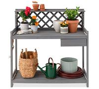 Best Choice Products Banco para macetas de jardín al Aire Libre, Mesa de estación de Trabajo de Madera con cajón de gabinete, Estante Abierto, Almacenamiento Inferior, Parte Trasera de celosía, Gris